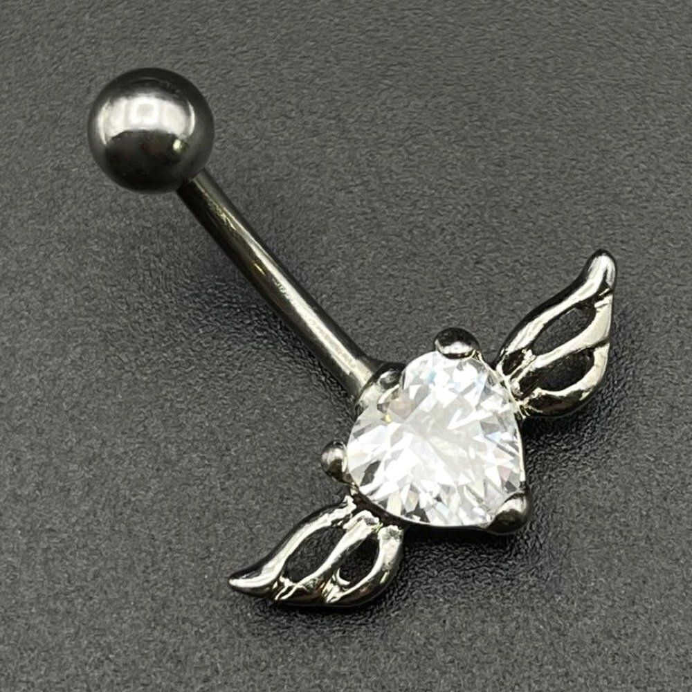 316L Stainless Steel with White Diamond Cubic Zirconia Winged Heart Belly Ring